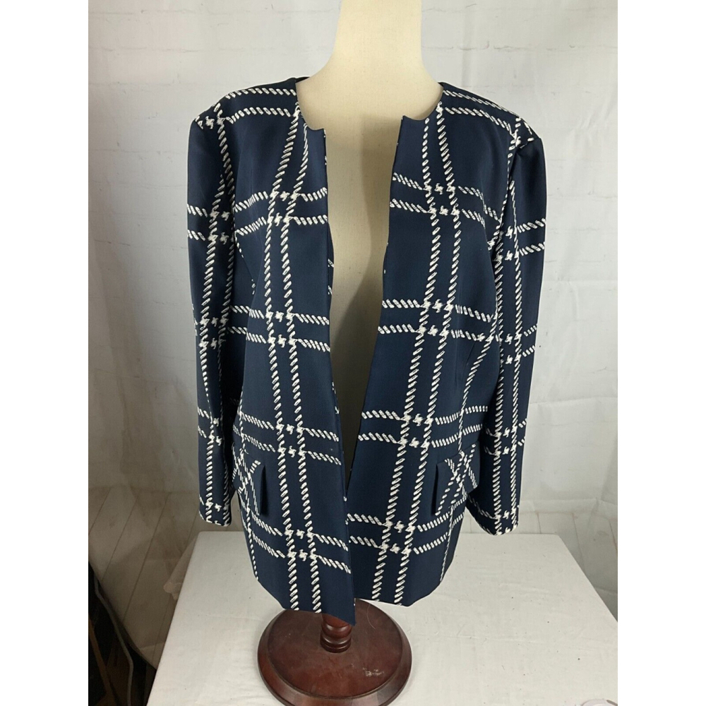Women’s Evan Picone Open-Front Blazer Jacket Size 14 Navy White Office Career
